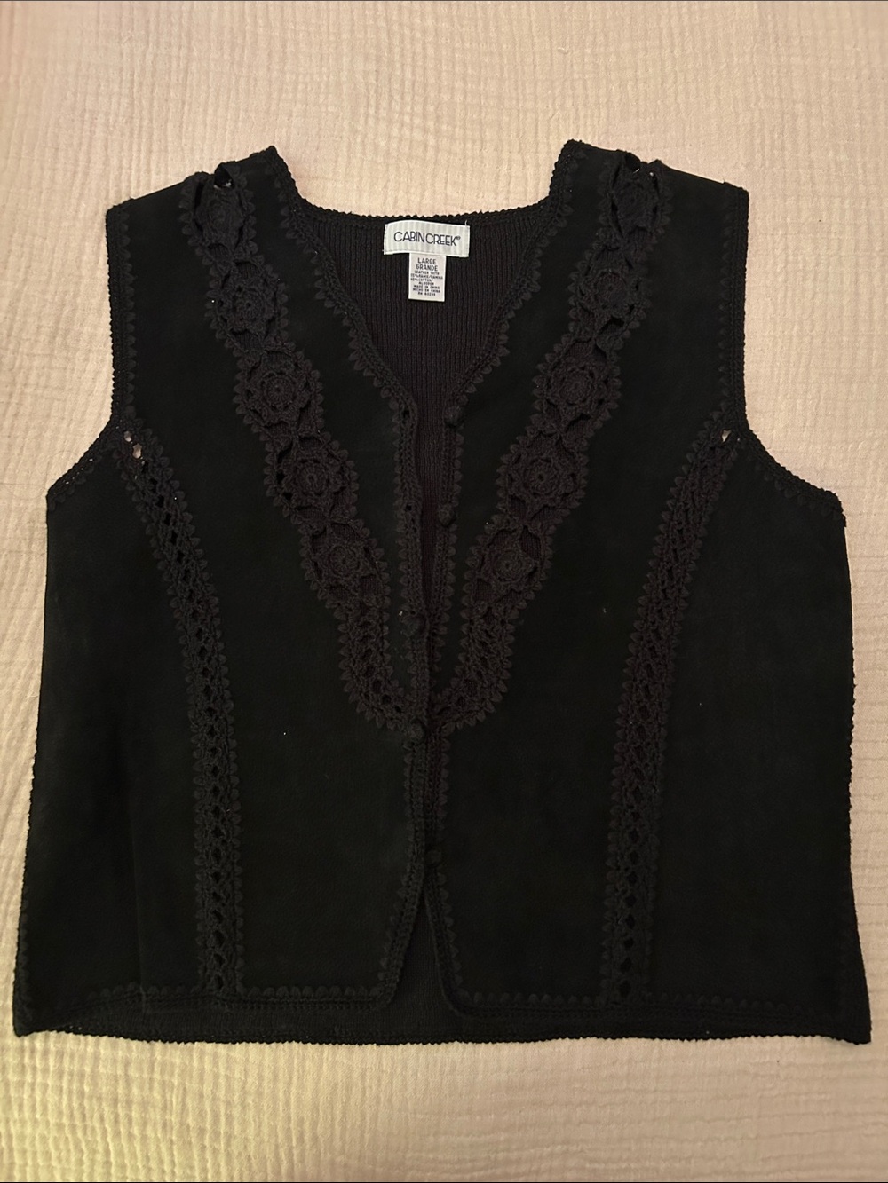 Vintage 90s Cabin Creek Black Suede Crochet-Trim Vest Size L